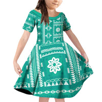 Fiji Masi All Teal Family Matching Off Shoulder Short Dress and Hawaiian Shirt Tapa Pattern LT01 Daughter's Dress Teal - Polynesian Pride