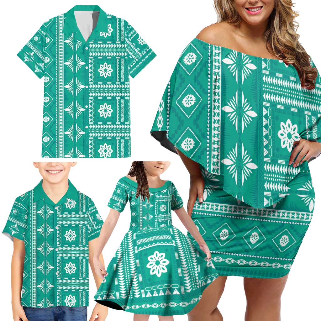 Fiji Masi All Teal Family Matching Off Shoulder Short Dress and Hawaiian Shirt Tapa Pattern LT01 - Polynesian Pride