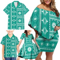 Fiji Masi All Teal Family Matching Off Shoulder Short Dress and Hawaiian Shirt Tapa Pattern LT01 - Polynesian Pride