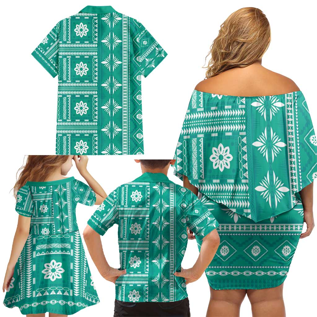 Fiji Masi All Teal Family Matching Off Shoulder Short Dress and Hawaiian Shirt Tapa Pattern LT01 - Polynesian Pride