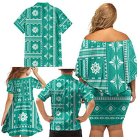 Fiji Masi All Teal Family Matching Off Shoulder Short Dress and Hawaiian Shirt Tapa Pattern LT01 - Polynesian Pride