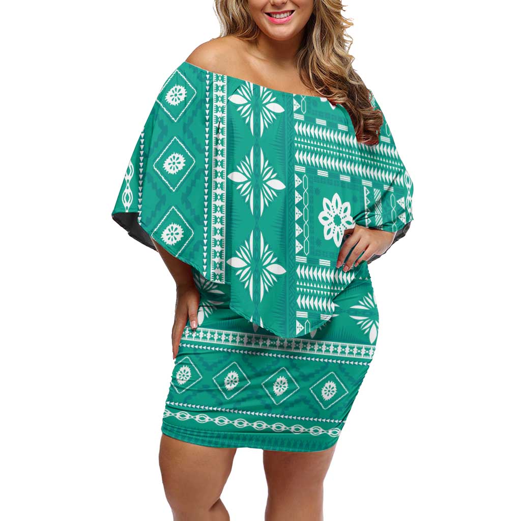 Fiji Masi All Teal Family Matching Off Shoulder Short Dress and Hawaiian Shirt Tapa Pattern LT01 Mom's Dress Teal - Polynesian Pride
