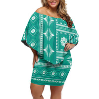 Fiji Masi All Teal Family Matching Off Shoulder Short Dress and Hawaiian Shirt Tapa Pattern LT01 Mom's Dress Teal - Polynesian Pride