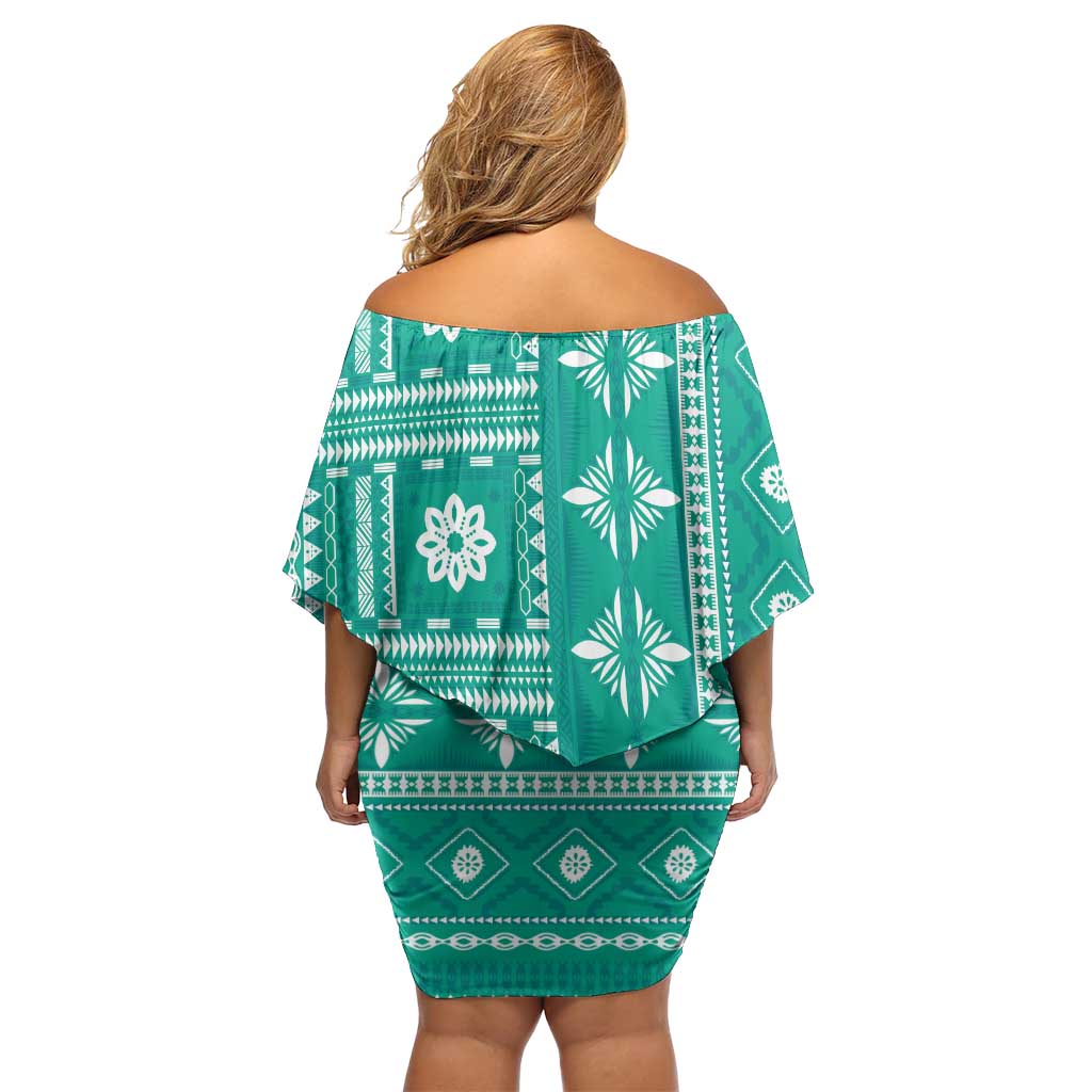 Fiji Masi All Teal Family Matching Off Shoulder Short Dress and Hawaiian Shirt Tapa Pattern LT01 - Polynesian Pride