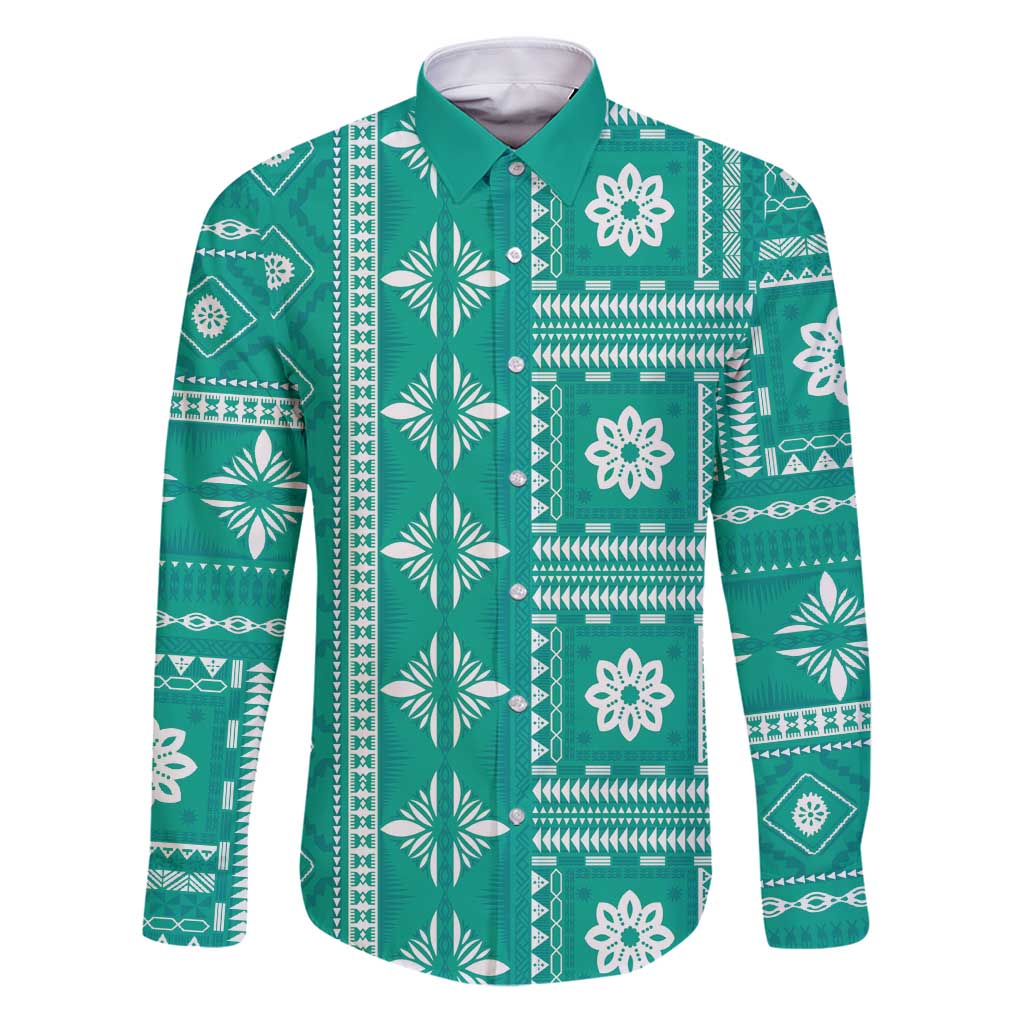 Fiji Masi All Teal Family Matching Puletasi and Hawaiian Shirt Tapa Pattern - Polynesian Pride