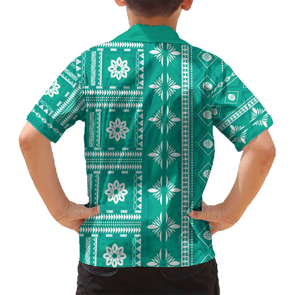 Fiji Masi All Teal Family Matching Short Sleeve Bodycon Dress and Hawaiian Shirt Tapa Pattern LT01 - Polynesian Pride