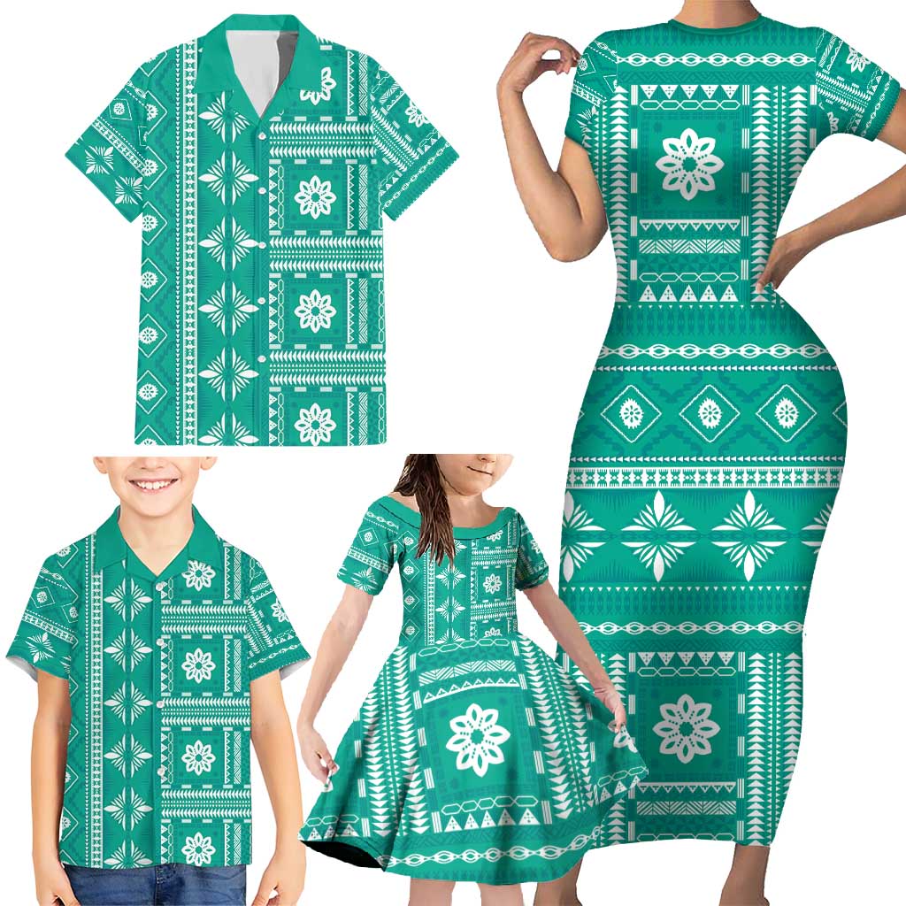 Fiji Masi All Teal Family Matching Short Sleeve Bodycon Dress and Hawaiian Shirt Tapa Pattern LT01 - Polynesian Pride