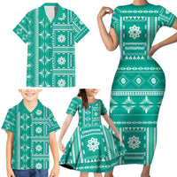 Fiji Masi All Teal Family Matching Short Sleeve Bodycon Dress and Hawaiian Shirt Tapa Pattern LT01 - Polynesian Pride