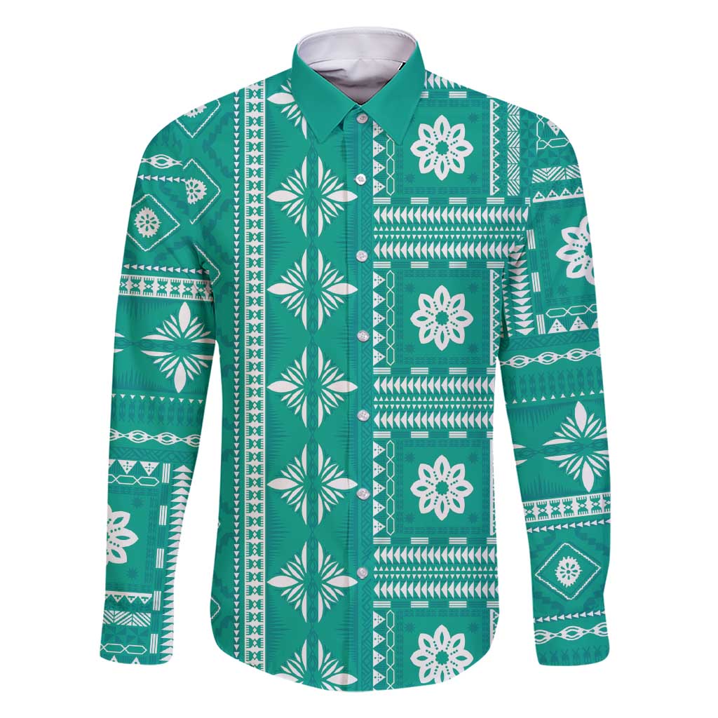 Fiji Masi All Teal Family Matching Short Sleeve Bodycon Dress and Hawaiian Shirt Tapa Pattern LT01 Dad's Shirt - Long Sleeve Teal - Polynesian Pride