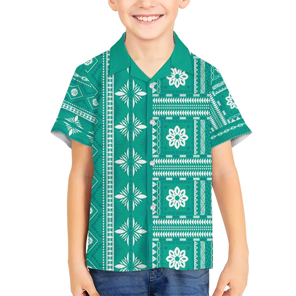 Fiji Masi All Teal Family Matching Short Sleeve Bodycon Dress and Hawaiian Shirt Tapa Pattern LT01 Son's Shirt Teal - Polynesian Pride