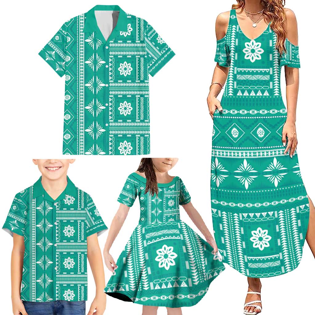 Fiji Masi All Teal Family Matching Summer Maxi Dress and Hawaiian Shirt Tapa Pattern LT01 - Polynesian Pride