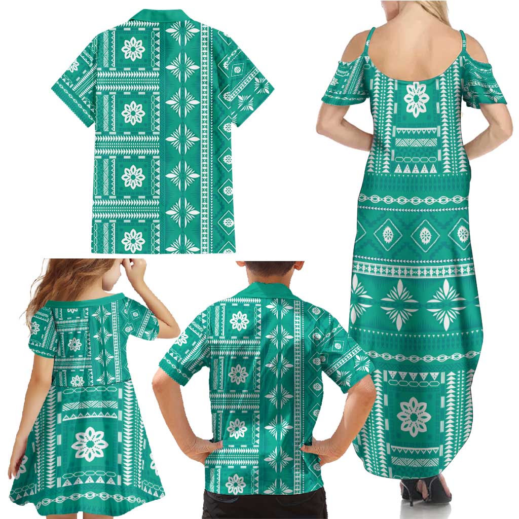 Fiji Masi All Teal Family Matching Summer Maxi Dress and Hawaiian Shirt Tapa Pattern LT01 - Polynesian Pride