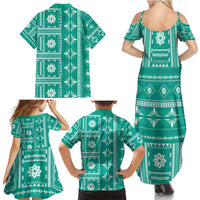 Fiji Masi All Teal Family Matching Summer Maxi Dress and Hawaiian Shirt Tapa Pattern LT01 - Polynesian Pride