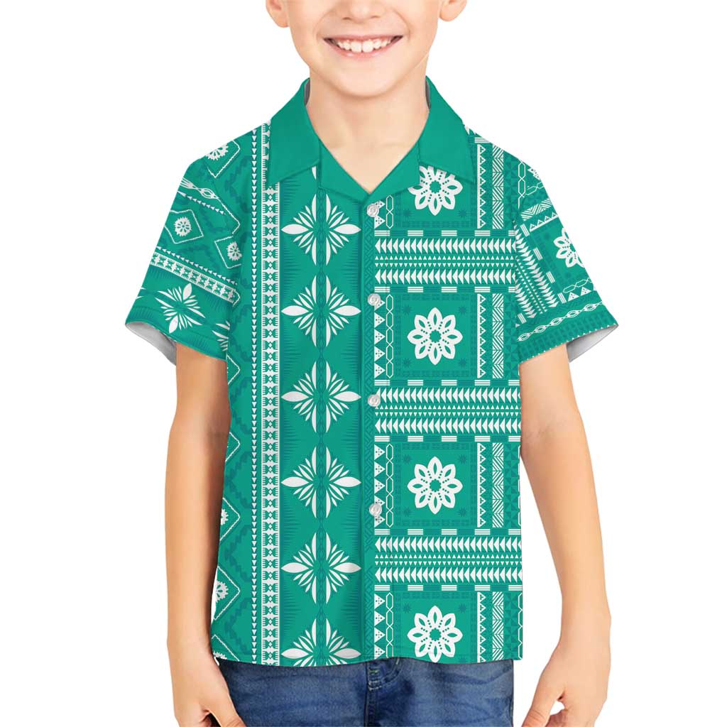 Fiji Masi All Teal Family Matching Summer Maxi Dress and Hawaiian Shirt Tapa Pattern LT01 Son's Shirt Teal - Polynesian Pride