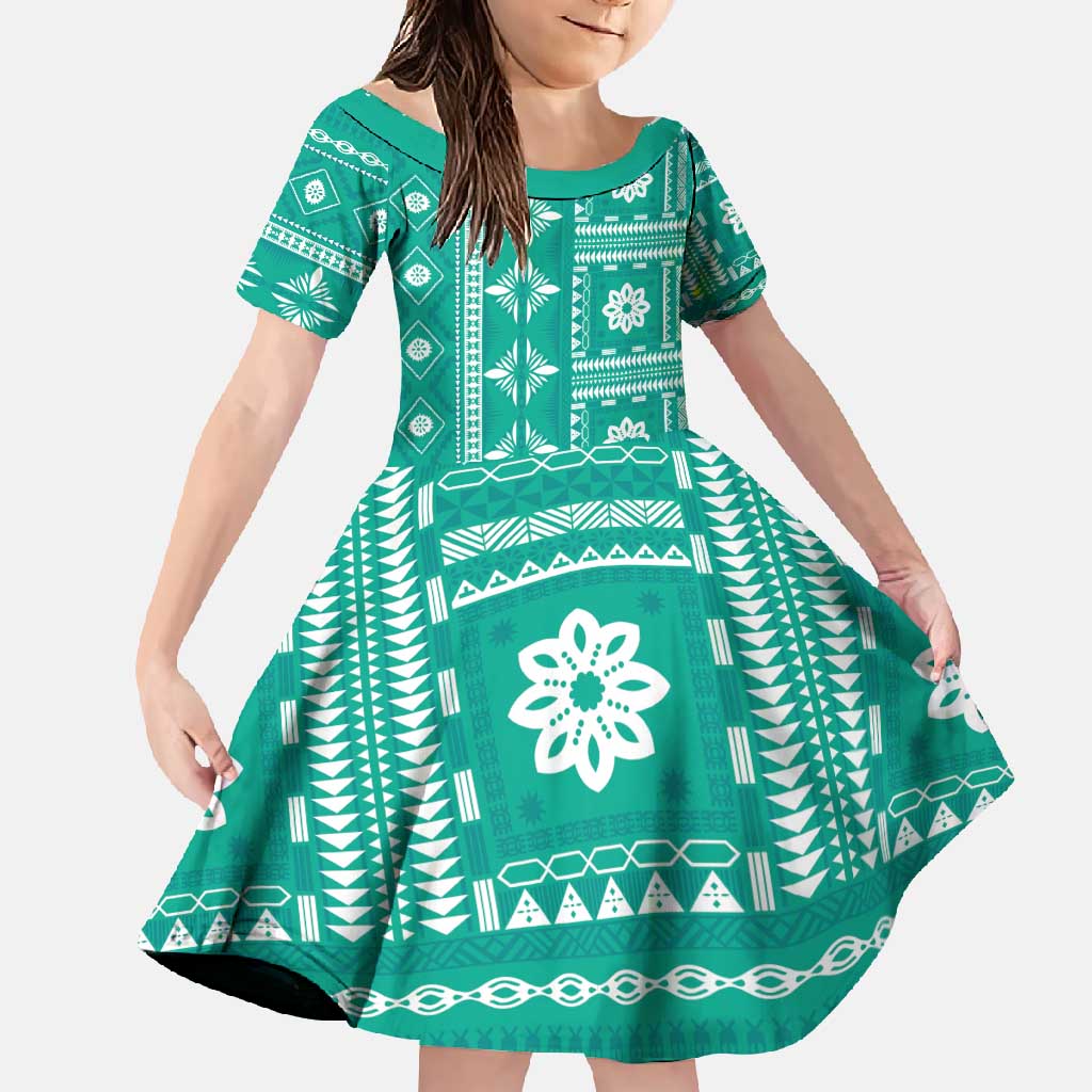 Fiji Masi All Teal Family Matching Tank Maxi Dress and Hawaiian Shirt Tapa Pattern LT01 Daughter's Dress Teal - Polynesian Pride