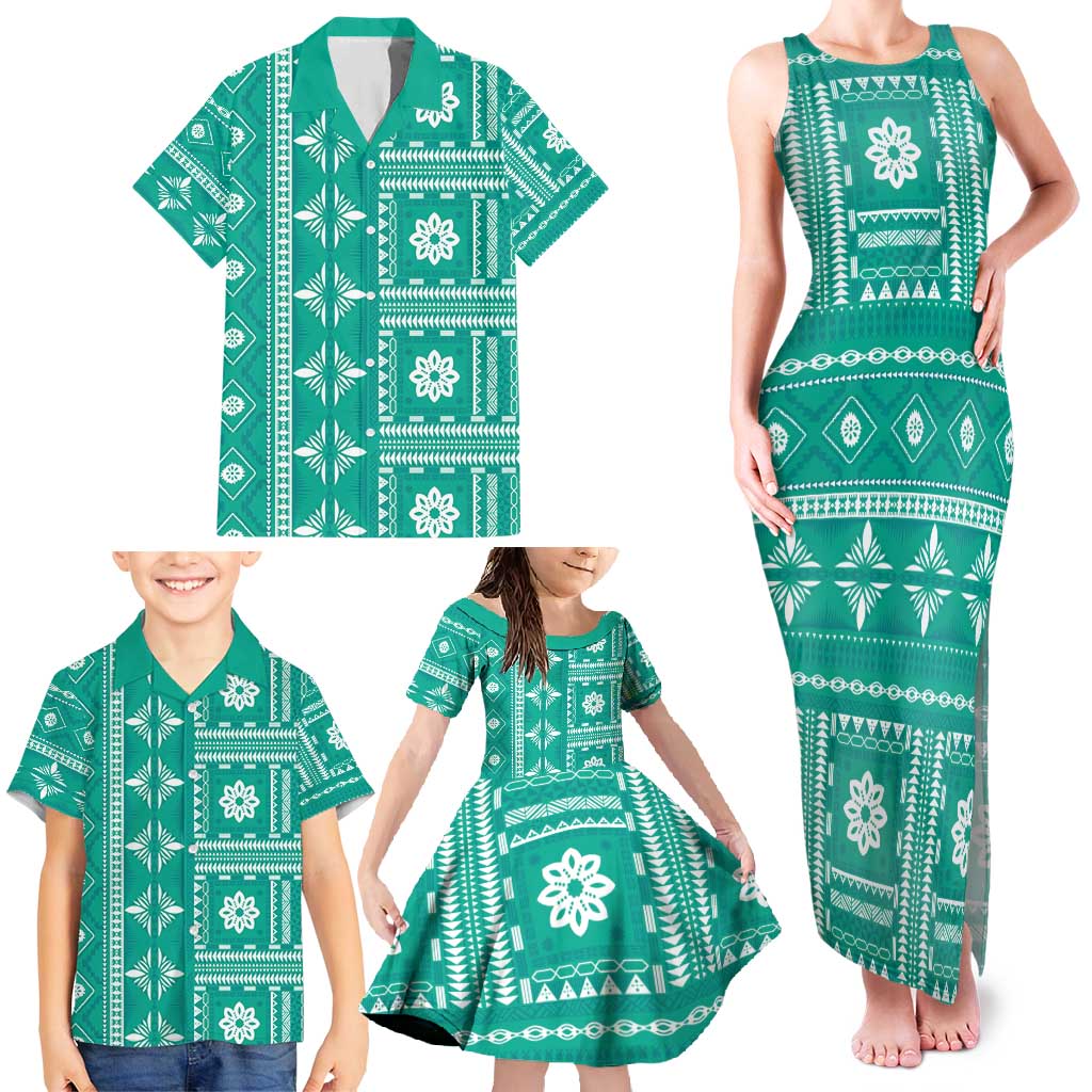 Fiji Masi All Teal Family Matching Tank Maxi Dress and Hawaiian Shirt Tapa Pattern LT01 - Polynesian Pride