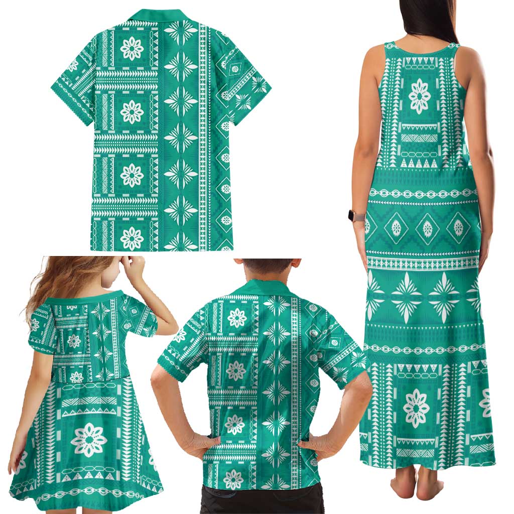 Fiji Masi All Teal Family Matching Tank Maxi Dress and Hawaiian Shirt Tapa Pattern LT01 - Polynesian Pride