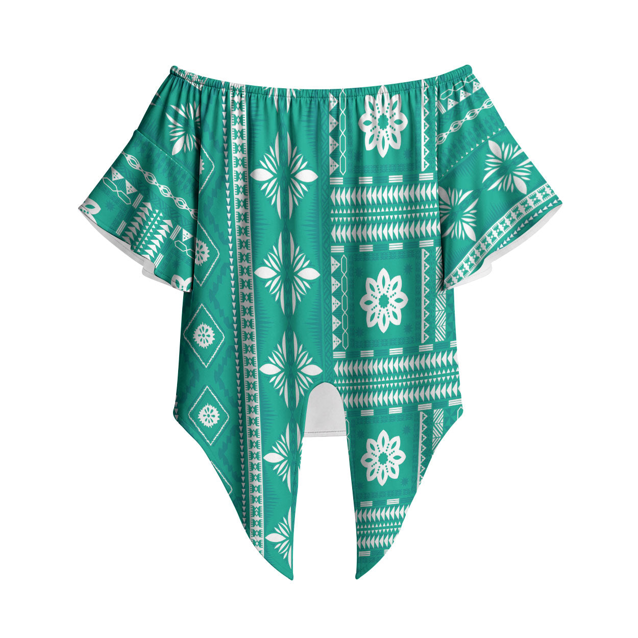 Fiji Masi All Teal Off Shoulder Wrap Waist Top Tapa Pattern LT01 Teal - Polynesian Pride