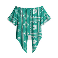 Fiji Masi All Teal Off Shoulder Wrap Waist Top Tapa Pattern LT01 Teal - Polynesian Pride