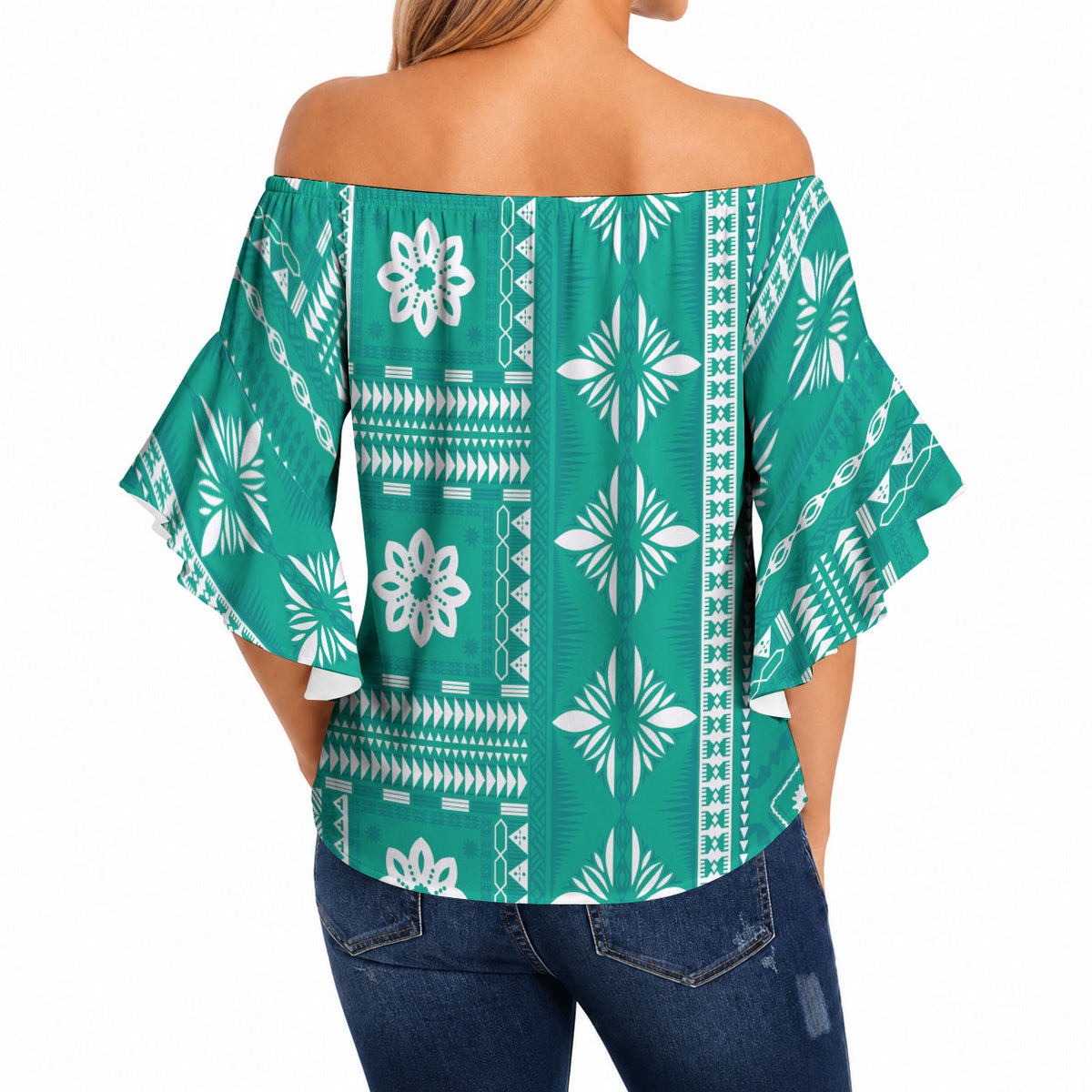 Fiji Masi All Teal Off Shoulder Wrap Waist Top Tapa Pattern LT01 - Polynesian Pride