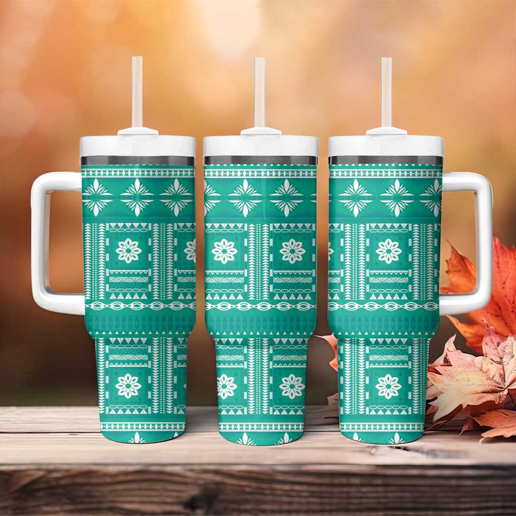 Fiji Masi All Teal Tumbler With Handle Tapa Pattern - Polynesian Pride