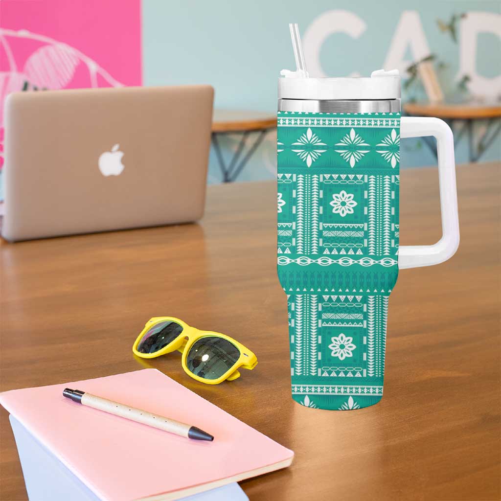 Fiji Masi All Teal Tumbler With Handle Tapa Pattern - Polynesian Pride
