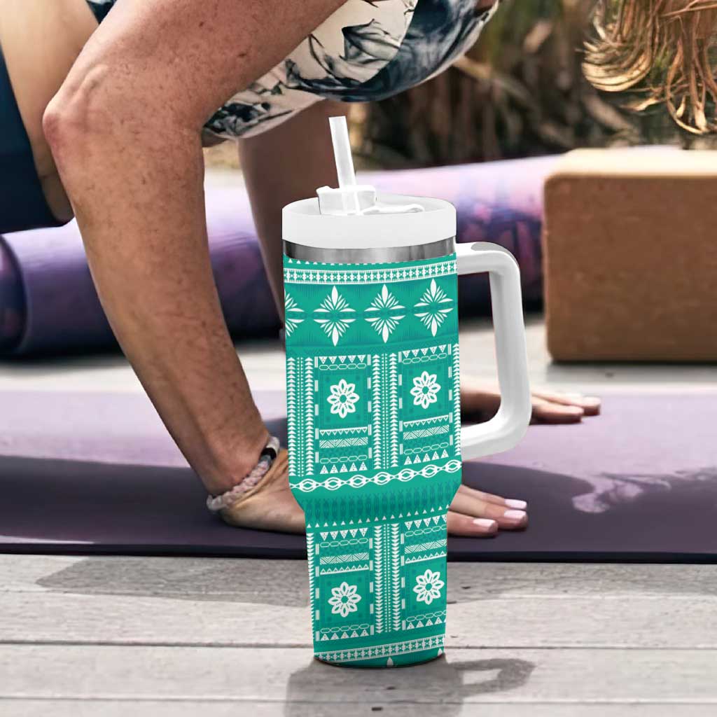 Fiji Masi All Teal Tumbler With Handle Tapa Pattern - Polynesian Pride