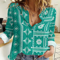 Fiji Masi All Teal Women Casual Shirt Tapa Pattern LT01 Female Teal - Polynesian Pride