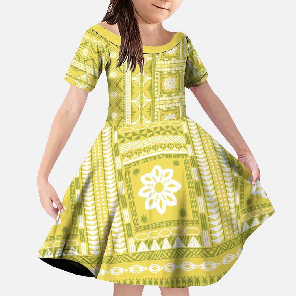 Fiji Masi All Yellow Family Matching Long Sleeve Bodycon Dress and Hawaiian Shirt Tapa Pattern LT01 Daughter's Dress Yellow - Polynesian Pride