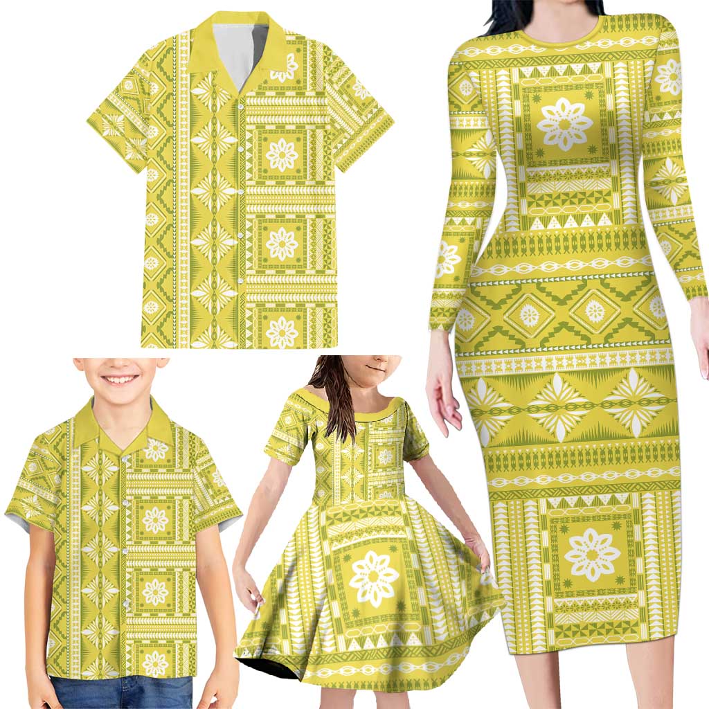 Fiji Masi All Yellow Family Matching Long Sleeve Bodycon Dress and Hawaiian Shirt Tapa Pattern LT01 - Polynesian Pride