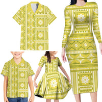Fiji Masi All Yellow Family Matching Long Sleeve Bodycon Dress and Hawaiian Shirt Tapa Pattern LT01 - Polynesian Pride