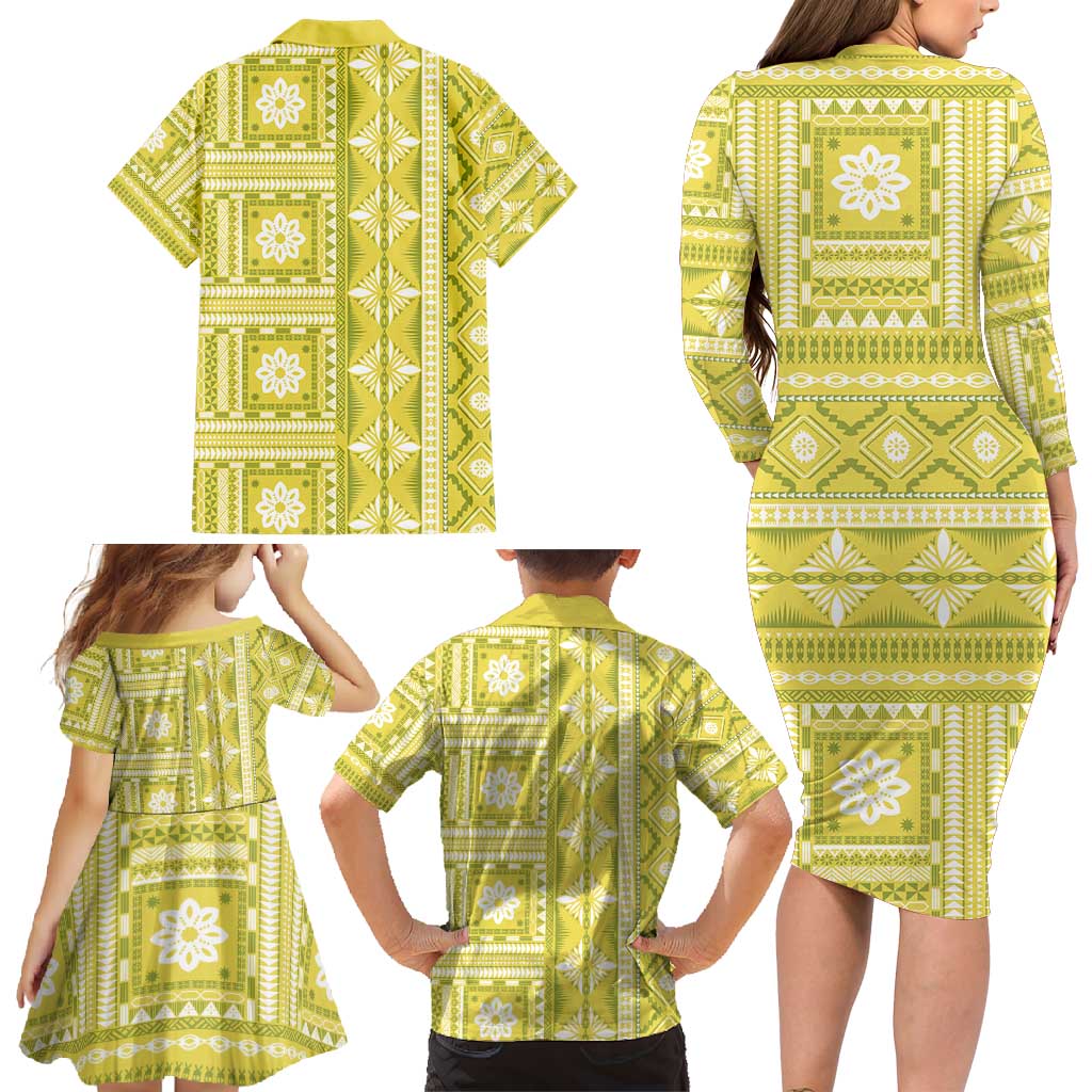 Fiji Masi All Yellow Family Matching Long Sleeve Bodycon Dress and Hawaiian Shirt Tapa Pattern LT01 - Polynesian Pride