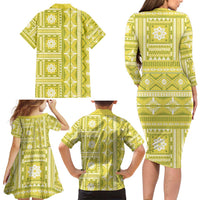 Fiji Masi All Yellow Family Matching Long Sleeve Bodycon Dress and Hawaiian Shirt Tapa Pattern LT01 - Polynesian Pride