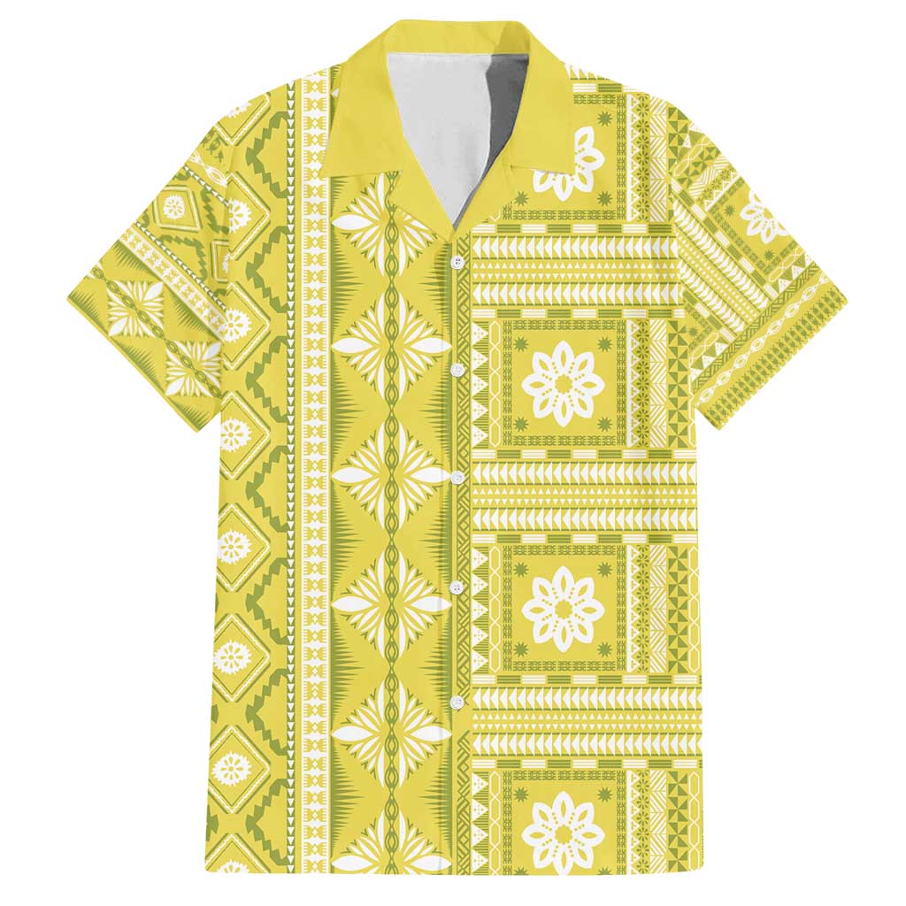 Fiji Masi All Yellow Family Matching Long Sleeve Bodycon Dress and Hawaiian Shirt Tapa Pattern LT01 Dad's Shirt - Short Sleeve Yellow - Polynesian Pride