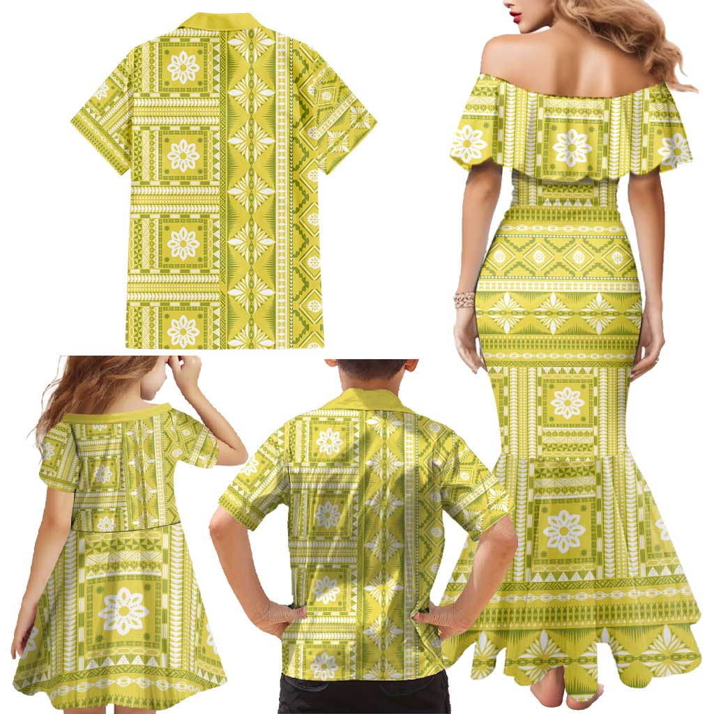 Fiji Masi All Yellow Family Matching Mermaid Dress and Hawaiian Shirt Tapa Pattern LT01 - Polynesian Pride
