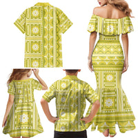 Fiji Masi All Yellow Family Matching Mermaid Dress and Hawaiian Shirt Tapa Pattern LT01 - Polynesian Pride