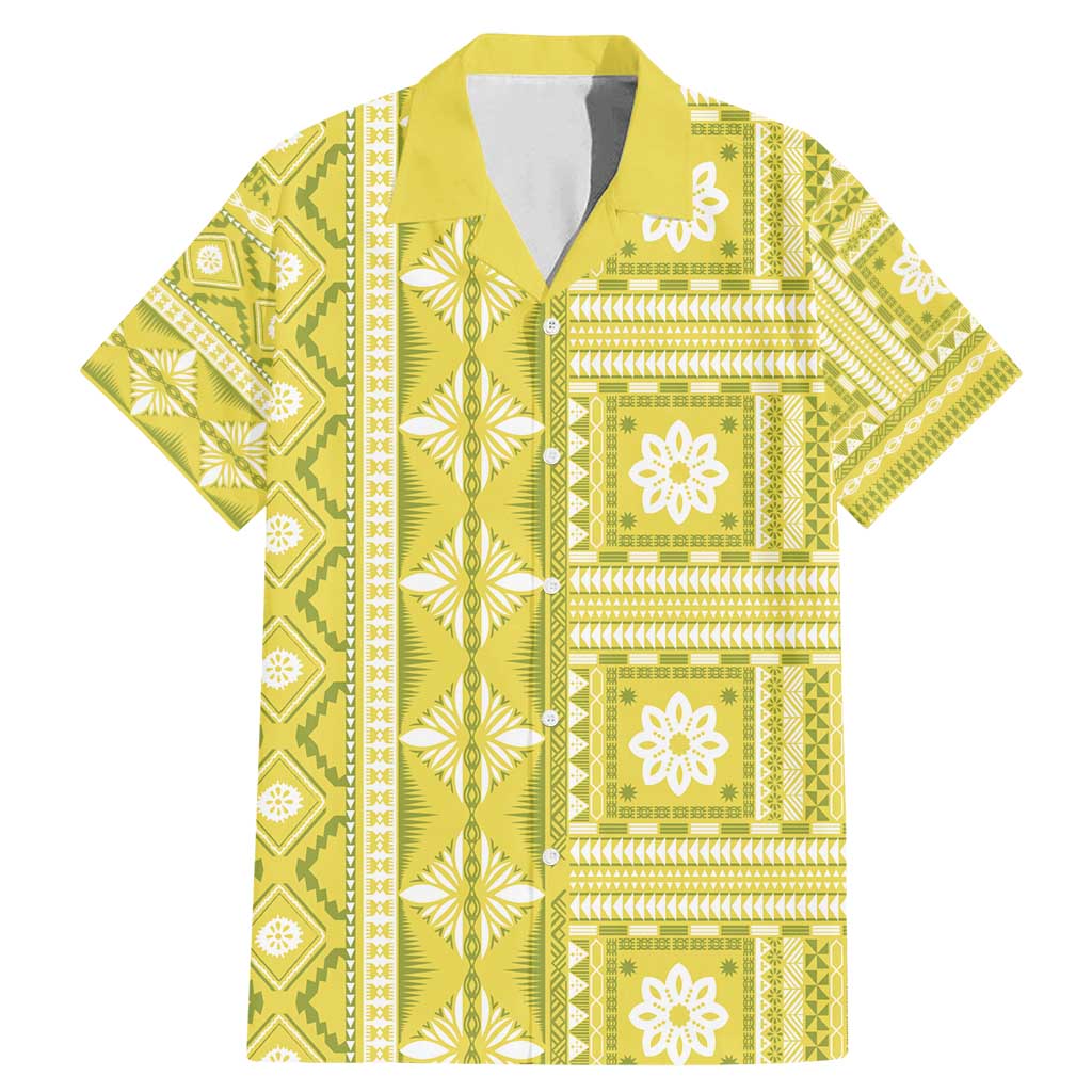 Fiji Masi All Yellow Family Matching Mermaid Dress and Hawaiian Shirt Tapa Pattern LT01 Dad's Shirt - Short Sleeve Yellow - Polynesian Pride
