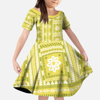 Fiji Masi All Yellow Family Matching Off The Shoulder Long Sleeve Dress and Hawaiian Shirt Tapa Pattern LT01 Daughter's Dress Yellow - Polynesian Pride