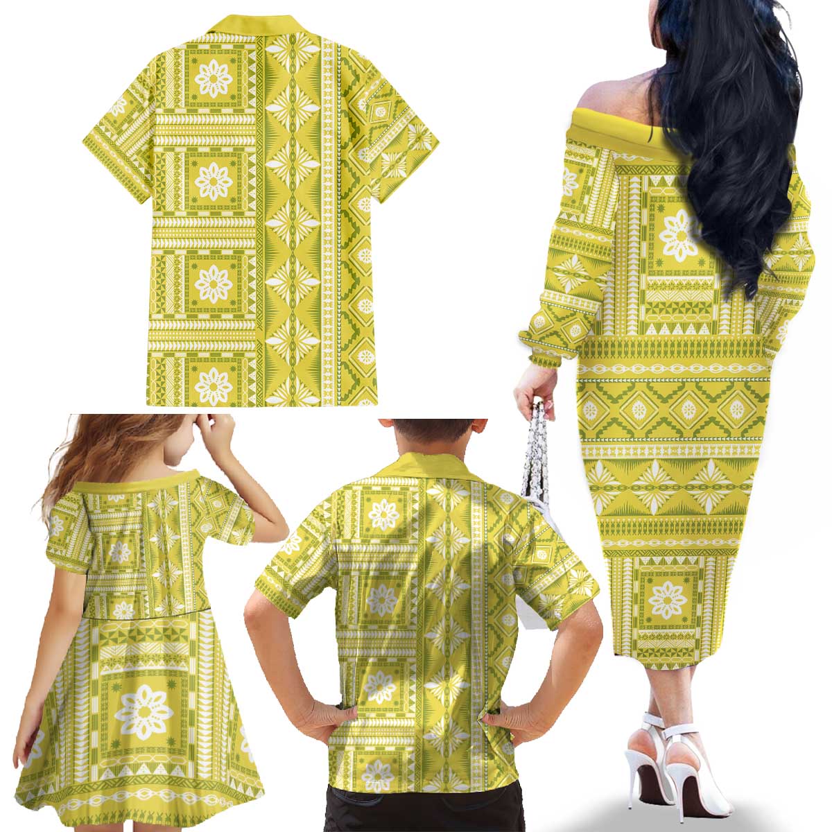 Fiji Masi All Yellow Family Matching Off The Shoulder Long Sleeve Dress and Hawaiian Shirt Tapa Pattern LT01 - Polynesian Pride