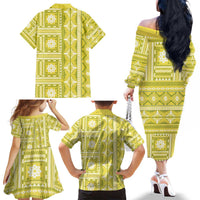 Fiji Masi All Yellow Family Matching Off The Shoulder Long Sleeve Dress and Hawaiian Shirt Tapa Pattern LT01 - Polynesian Pride