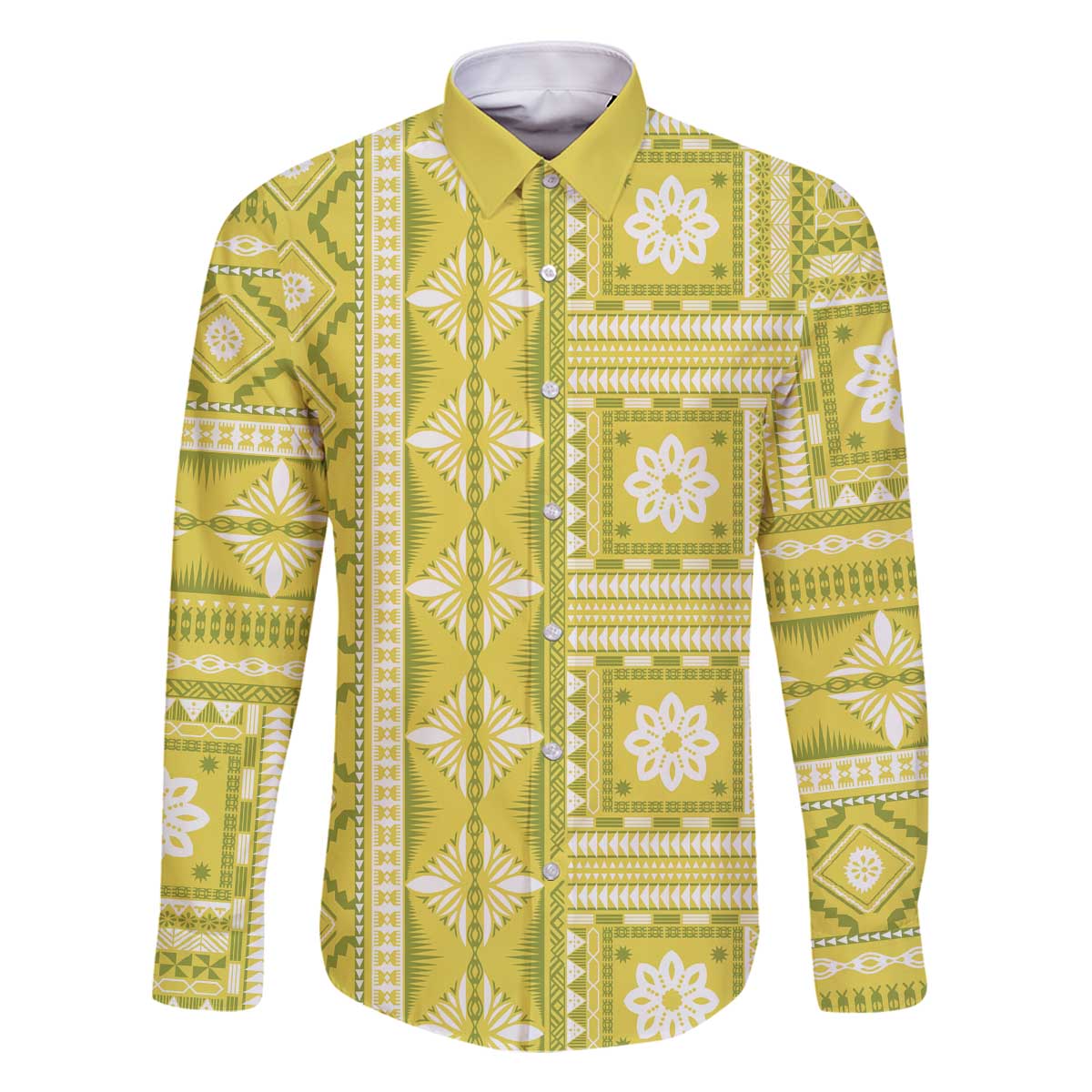 Fiji Masi All Yellow Family Matching Off The Shoulder Long Sleeve Dress and Hawaiian Shirt Tapa Pattern LT01 Dad's Shirt - Long Sleeve Yellow - Polynesian Pride