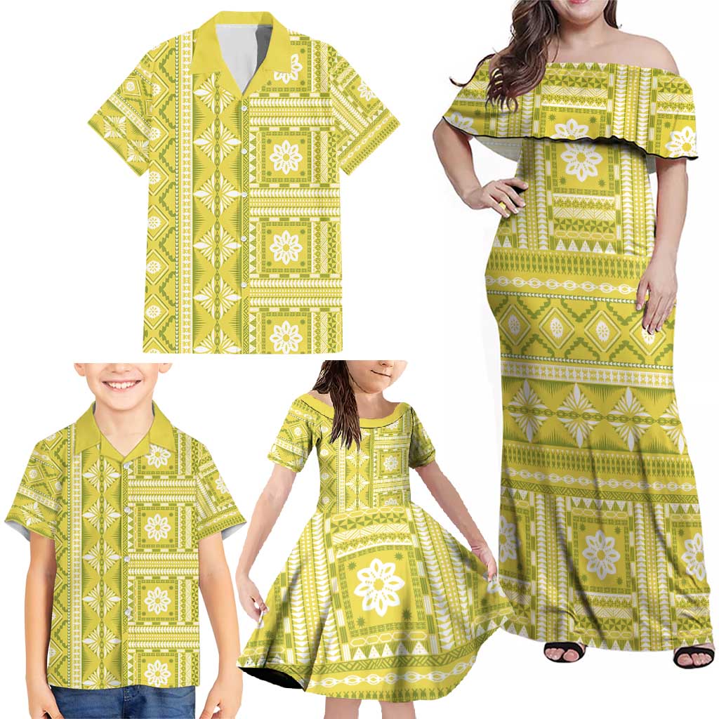 Fiji Masi All Yellow Family Matching Off Shoulder Maxi Dress and Hawaiian Shirt Tapa Pattern LT01 - Polynesian Pride