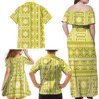 Fiji Masi All Yellow Family Matching Off Shoulder Maxi Dress and Hawaiian Shirt Tapa Pattern LT01 - Polynesian Pride
