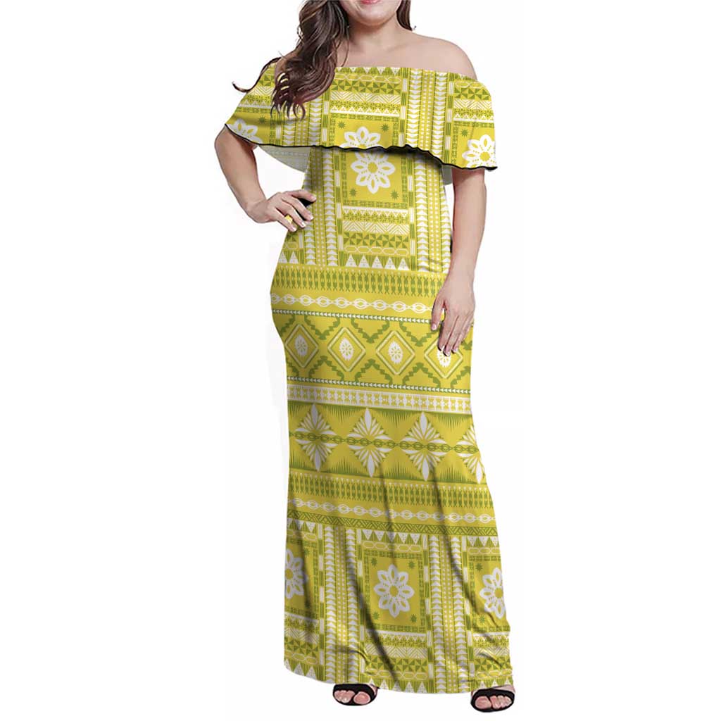Fiji Masi All Yellow Family Matching Off Shoulder Maxi Dress and Hawaiian Shirt Tapa Pattern LT01 Mom's Dress Yellow - Polynesian Pride