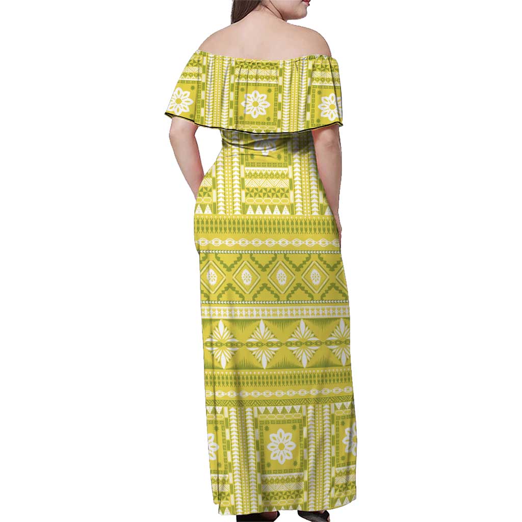 Fiji Masi All Yellow Family Matching Off Shoulder Maxi Dress and Hawaiian Shirt Tapa Pattern LT01 - Polynesian Pride