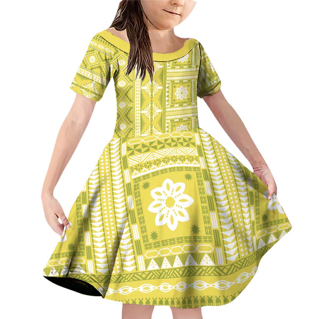 Fiji Masi All Yellow Family Matching Off Shoulder Short Dress and Hawaiian Shirt Tapa Pattern LT01 Daughter's Dress Yellow - Polynesian Pride