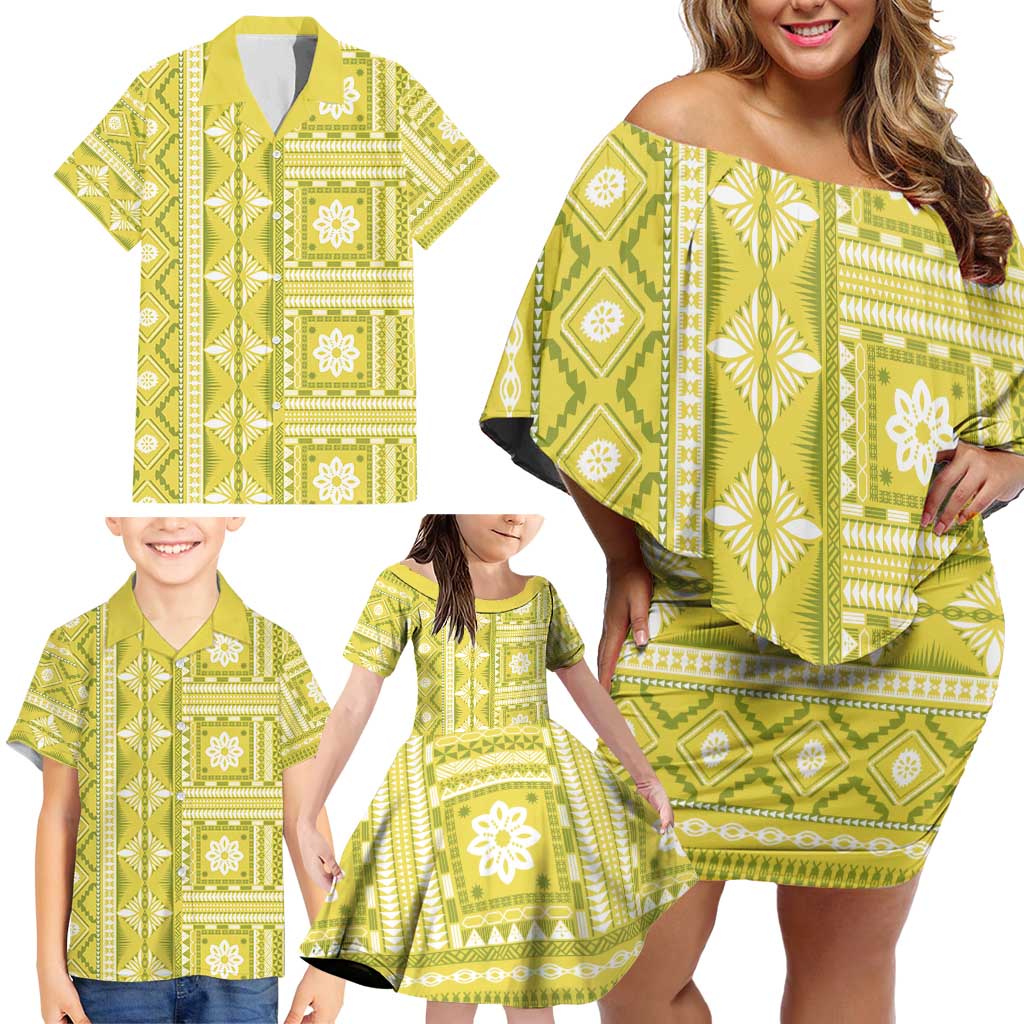 Fiji Masi All Yellow Family Matching Off Shoulder Short Dress and Hawaiian Shirt Tapa Pattern LT01 - Polynesian Pride