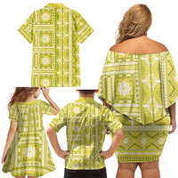 Fiji Masi All Yellow Family Matching Off Shoulder Short Dress and Hawaiian Shirt Tapa Pattern LT01 - Polynesian Pride