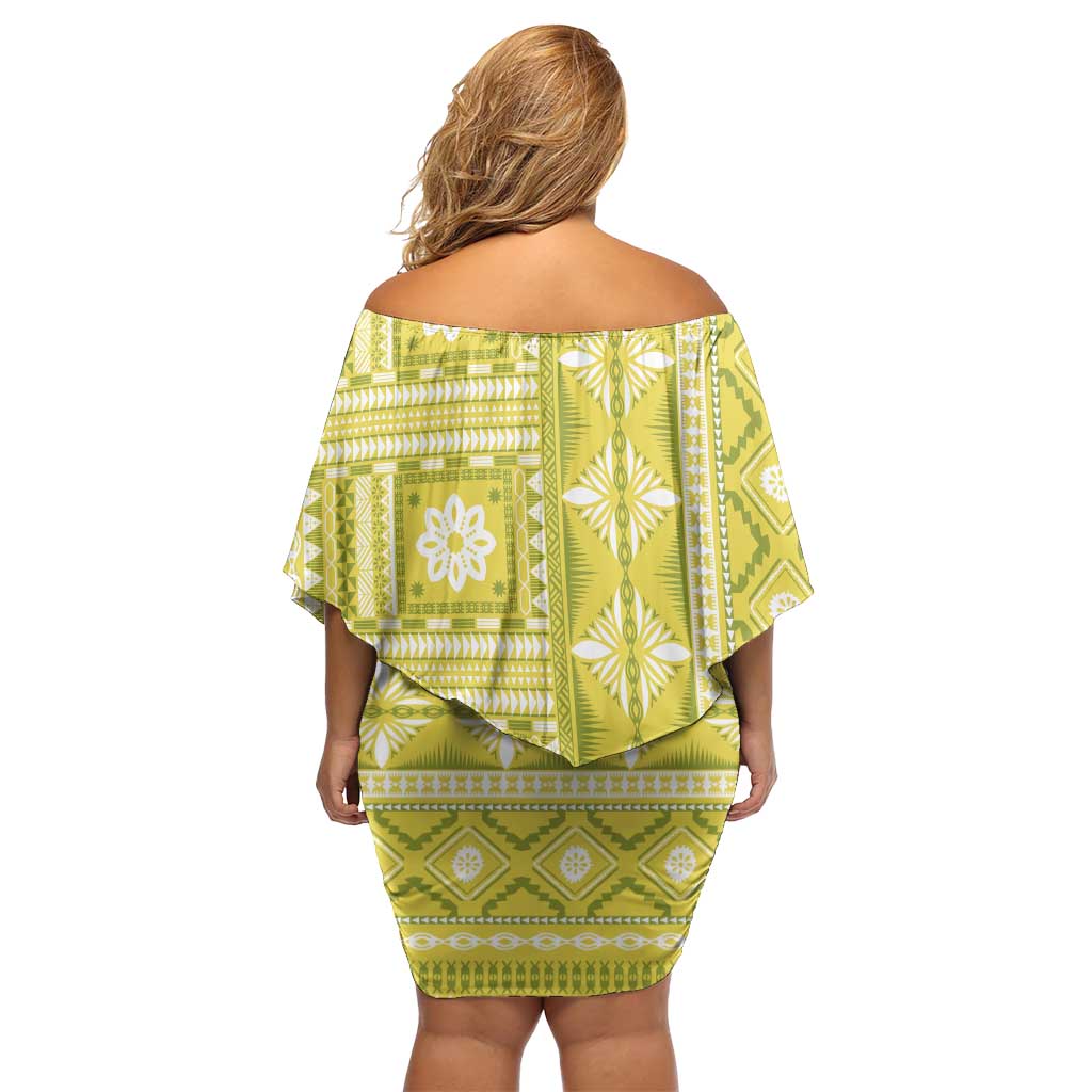 Fiji Masi All Yellow Family Matching Off Shoulder Short Dress and Hawaiian Shirt Tapa Pattern LT01 - Polynesian Pride