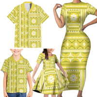 Fiji Masi All Yellow Family Matching Short Sleeve Bodycon Dress and Hawaiian Shirt Tapa Pattern LT01 - Polynesian Pride